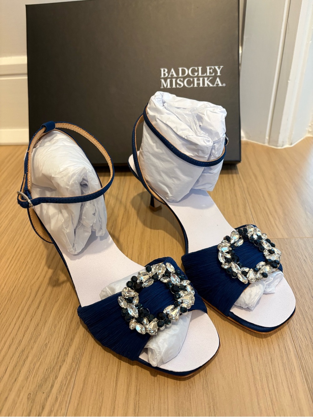 Rachel Zoe Navy Crystal-Embellished Ankle-Strap Heels